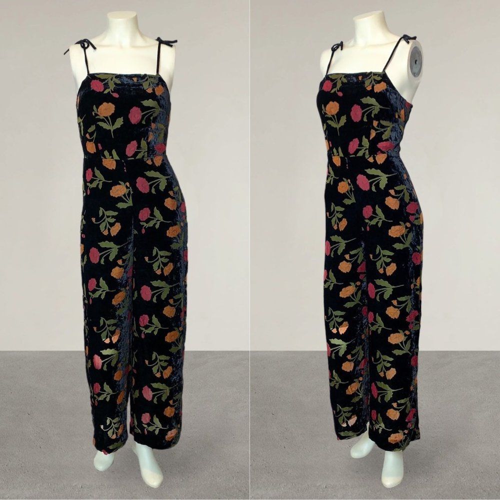 & Other Stories Floral Black Velvet Square Neck Tie Jumpsuit Size 2